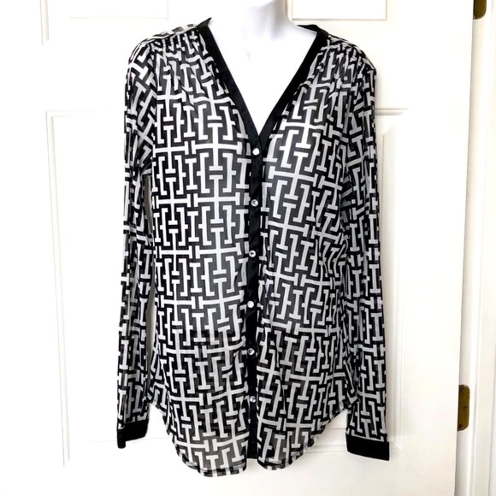 INC Sheer Black and White V-Neck Button Up Long Sleeve Blouse Size Medium